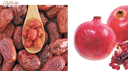 棗子（左）中的抗氧化物，可防壞膽固醇積聚，建議每日配合石榴（右）汁食用。（資料圖片）