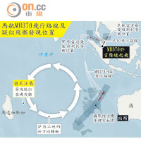 馬航MH370飛行路線及疑似殘骸發現位置