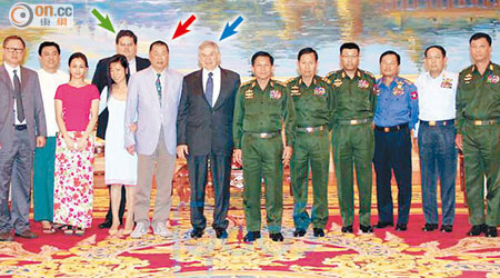 黎智英（紅箭嘴）曾與美國前國防部副部長沃爾福威茨（藍箭嘴）聯袂到緬甸，黎的左右手Mark Simon（綠箭嘴）亦一同前往。