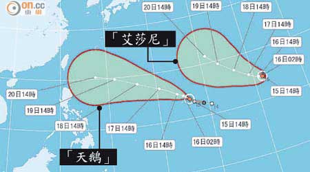 「天鵝」及「艾莎尼」動向變化或很大。（台灣中央氣象局）