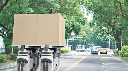 當四輛無人駕駛單輪車結合使用，可承托大型貨物。（互聯網圖片）