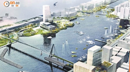 「飛躍啟德」城市規劃設計概念國際比賽的獲獎作品，設有特別水道及公眾觀景廊。（梁可瑩攝）
