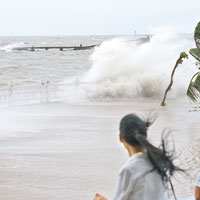 海南<br>市民不顧安危在海口岸邊觀浪。（中新社圖片）