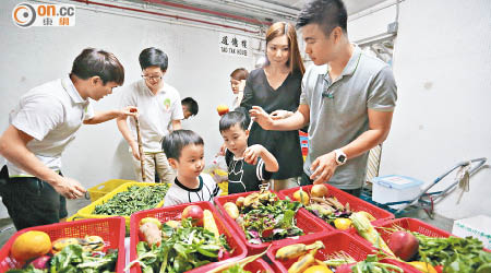 潘先生及潘太教導兩名兒子，將回收的蔬菜分類。（陳章存攝）