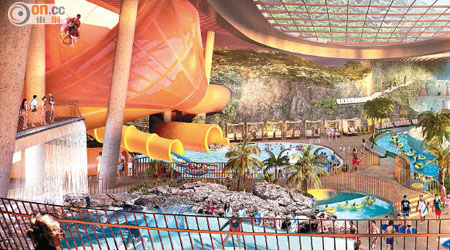 新水上樂園第三層將設六十呎長的漏斗形滑梯，遊客可滑落第二層的水池。（海洋公園提供）