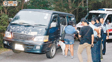 警員到場調查，客貨車上一名女子帶同犬隻助查。（沈厚錚攝）