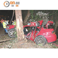 當年 <br>一三年十月，一對男女駕駛紅色跑車在新娘潭路失事撼樹，兩人同告身亡。