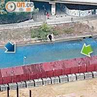 城門河其中一段河水變成藍色（藍箭嘴示），另一段則為綠色（綠箭嘴示）。（讀者提供）