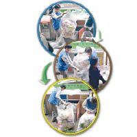 上中下圖：清潔工將三色箱內物資全倒在兩個垃圾袋中，未有分類處理。（蕭嘉怡提供）