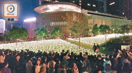 玫瑰燈海園遷移至金鐘添馬公園，吸引大批市民前來賞燈。（朱先儒攝）