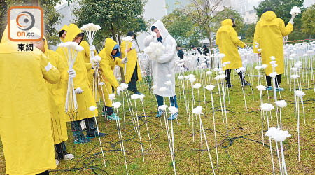 工作人員冒雨拆走玫瑰燈。（蕭毅攝）