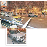 深水埗<BR>七人車車頭損毀，涉事MINI Cooper檢獲毒品（小圖）。（蘇仲賢攝）