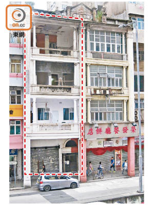 欽州街五十一號（紅框示）及五十三號是一級歷史建築物。（朱先儒攝）