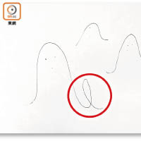 傅子健模仿四歲女童的畫作，代表爸爸的山，多了一條尾巴（圓圈示），暗示父親性器官。