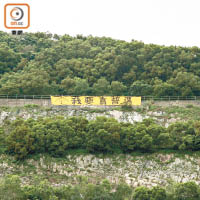 社民連於盛傳張德江將到訪的安達邨對面山坡，懸掛一幅巨型「我要真普選」橫額。（曾志恒攝）