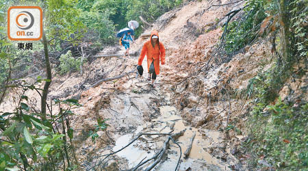 其中一個塌泥路段長達三十多米，對村內長者來說非常危險。（徐家浩攝）