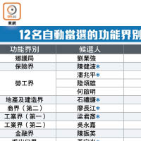 12名自動當選的功能界別議員