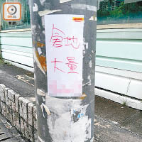 近日有人在元朗大棠附近張貼宣傳單張，上面寫有「倉地大量」四字和電話號碼。