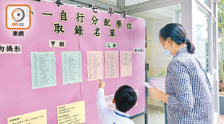 不少家長一早到喇沙小學查閱小一自行分配學位結果。（何天成攝）