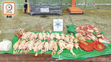 海關行動中所檢獲的未經檢疫食材，包括逾廿隻已屠宰雞隻。（澳門新聞局）