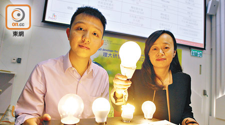 趙崇智（左）指正與數間公司商討合作，每個新型燈泡預計售四十元。（高嘉業攝）