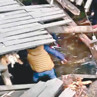 井岡山景區杜鵑山驗票口處的木板橋塌陷，有人跌落橋下的水溪受傷。（互聯網圖片）