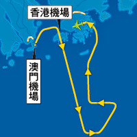 國泰航機昨午由澳門飛返香港路線圖。（互聯網圖片）