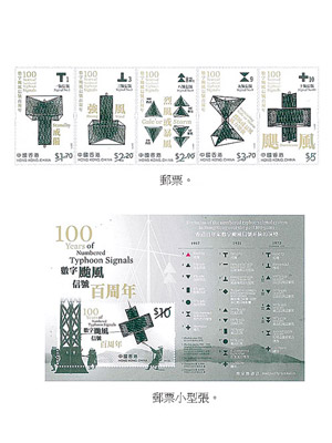 香港郵政發行以「數字颱風信號百周年」為題的郵票及郵票小型張。（政府新聞處圖片）