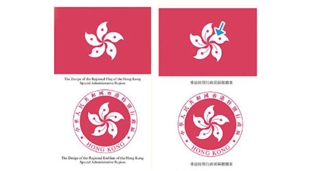 《基本法》中文PDF版中區旗（右），其中一塊花瓣無紅色迹線；英文版區旗（左）更五塊花瓣都無迹線。（互聯網圖片）