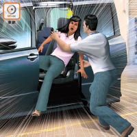 搶車賊暴力犯案示意圖<br>賊人強行拖印傭落車，其後將車駕走。