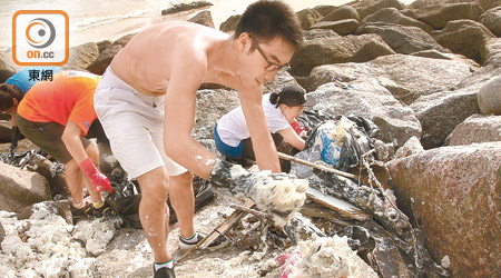 義工冒險爬上岩灘清理油塊。