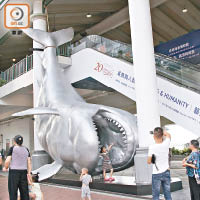 館外高約九米的大型鯊魚塑像，作品名為《誰才應該恐懼》，寓意人類才是世界最兇猛的捕獵者。
