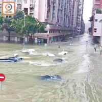 水浸嚴重，馬路變河流，汽車任漂浮。