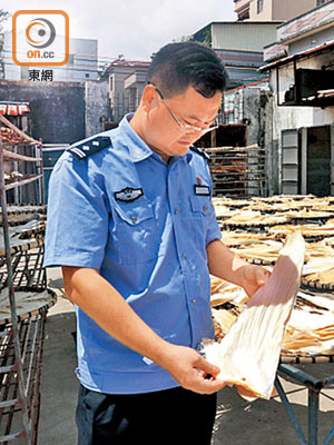 粵海關人員檢查晾曬中的魚翅。