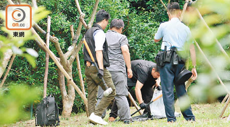 警方在草叢尋獲兩把相信與案有關的鐵錘。（趙瑞麟攝）