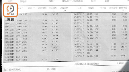 新巴車長蕭先生今年五月份加班一百一十三小時。（讀者提供）