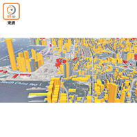 將城市熱島效應的數據放入數據庫後，3D數碼地圖可展示本港各區氣溫。（理大提供）