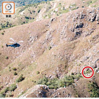 行山客由「一線生機」墮下廿米山崖（紅圈示）。（政府飛行服務隊提供）