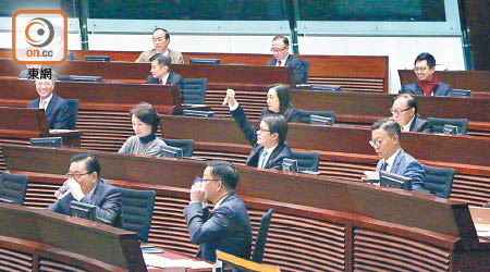 建制派反對楊岳橋上周提出的中止待續議案，陳克勤更以拇指向下表達不滿。（黃知樂攝）