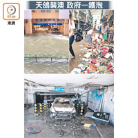 天鴿襲澳 政府一鑊泡：（左上圖）仍未開放予市民使用的快達樓公共停車場，風暴期間洪水不斷湧入。（資料圖片）<br>（右上圖）天鴿橫掃澳門後，滿街垃圾，不少是來自地下店舖的貨品。<br>（下圖）停車場內的車輛被沖毀，留下恐怖殘骸。