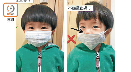 正確戴口罩方法（左）為包好鼻子及緊貼面頰；露出鼻子或面側有空隙均不理想（右）。（受訪者提供）