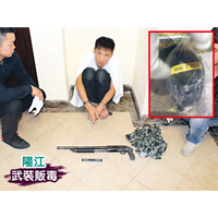 陽江警方在行動中繳獲一支霰彈槍及三枚手榴彈（小圖）。