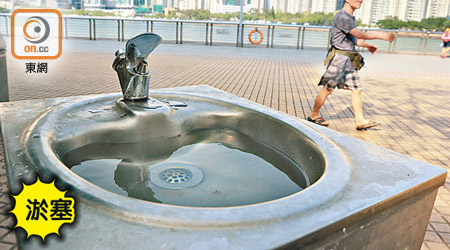 青衣海濱公園其中一部飲水機的水盆淤塞，積水中有不少食物碎屑及頭髮。