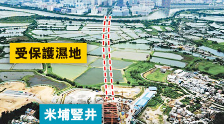 高鐵米埔段隧道貫穿濕地區（紅線示）。（互聯網圖片）