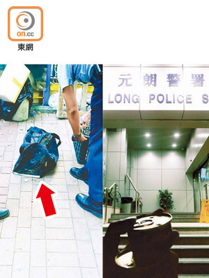 鄺俊宇帶同貓罐頭到元朗警署保釋（圖）日前被警方帶走嘅三隻貓（箭嘴示）。