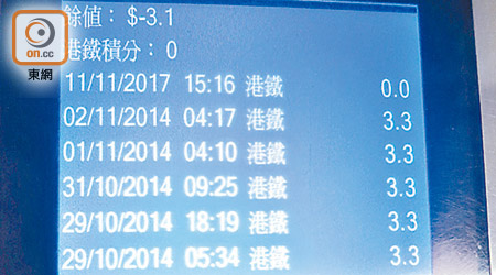 有八達通卡的交易紀錄顯示在凌晨四時拍卡乘搭港鐵。（朱先儒攝）