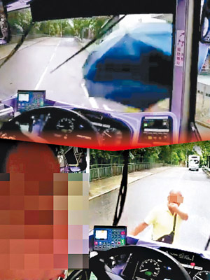 上圖：城巴撞到過路男雨傘。（互聯網圖片）<br>下圖：過路男與車長發生爭執。