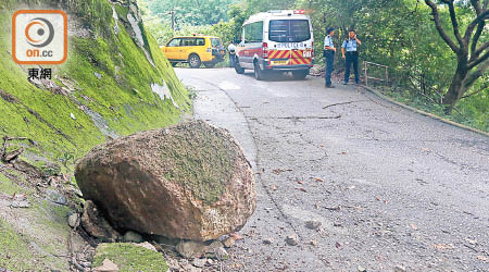 大石碌落山坡毀車，警方到場調查。（馬竟峯攝）