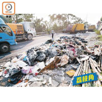 西九龍廢物轉運站附近有公路被人傾倒七至八堆垃圾山，臭氣沖天。（黃雄攝）