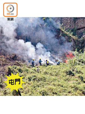 消防員用山火拍撲救山火。（曾志恒攝）